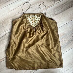 Milly of New York Gold Camisole with Floral Embellishment 100% silk glamor luxe